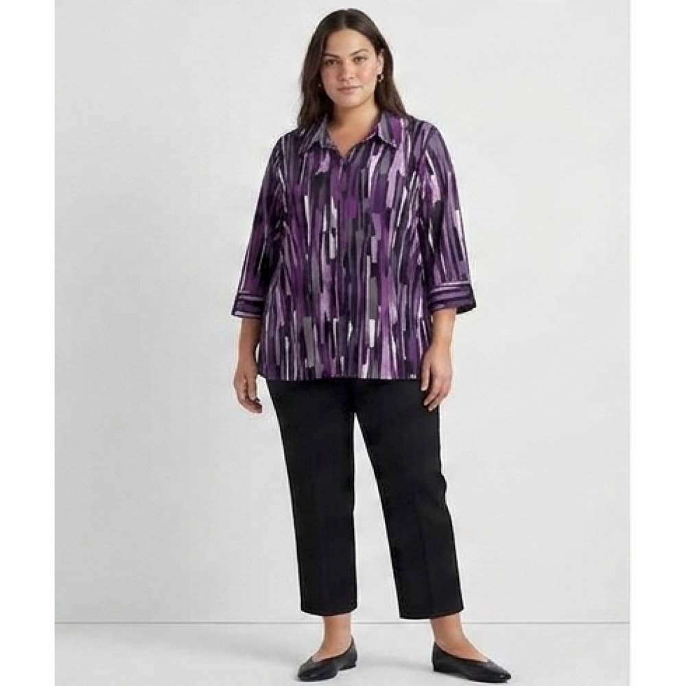 Essentials Button Up 3/4 Sleeve Geometric Abstract Print Top 2X Stretch Office